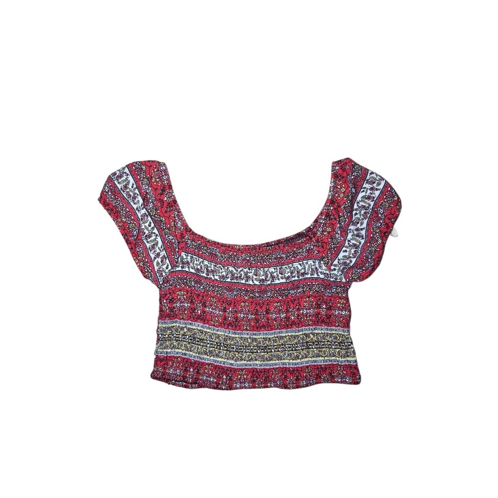 Dark Coral Boho Floral Peasant Crop Top‎ Stretch Cottagecore Short Sleeve L NWT